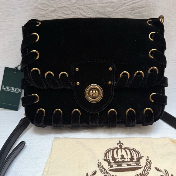Lauren Ralph Lauren Millbrook Black Velvet Crossbody with Gold Accents - Picture 11 of 14